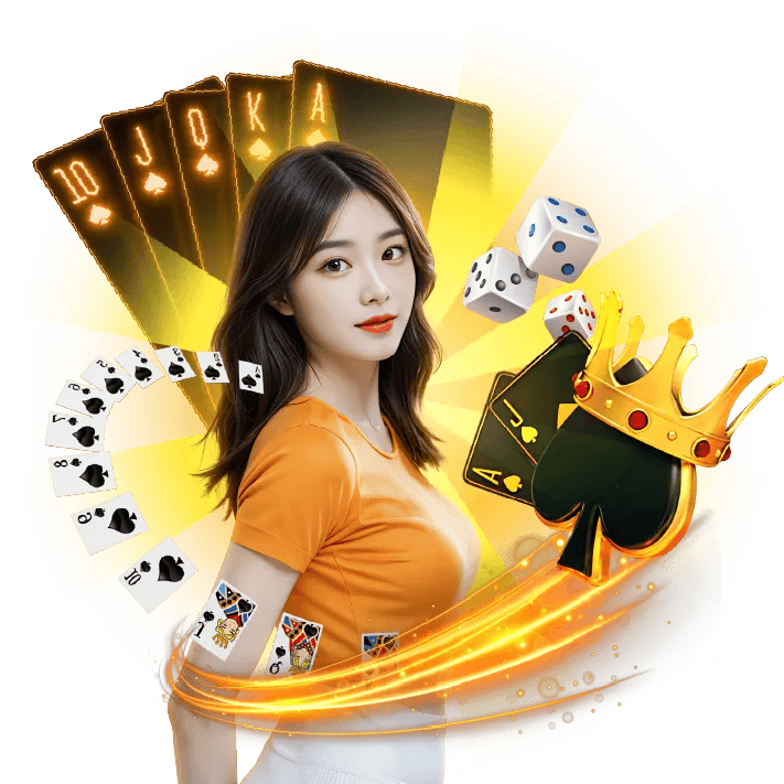 ภาพโปรโมท 22BUNNY คาสิโนออนไลน์ธีมสีทอง พร้อมหญิงสาว ไพ่ ชิปคาสิโน ลูกเต๋า และสัญลักษณ์โพดำ สื่อถึงเกมสล็อต บาคาร่า และคาสิโนออนไลน์ครบวงจร